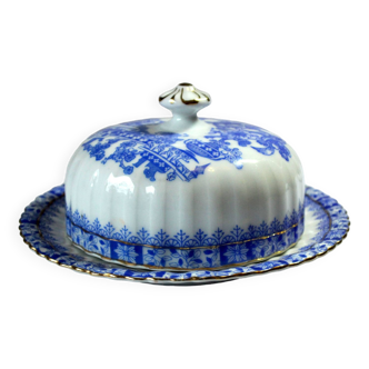 Beurrier Art Déco en porcelaine, fabriqué en Silésie/Allemagne par Tuppack dans les années 1920 - décor bleu de porcelaine