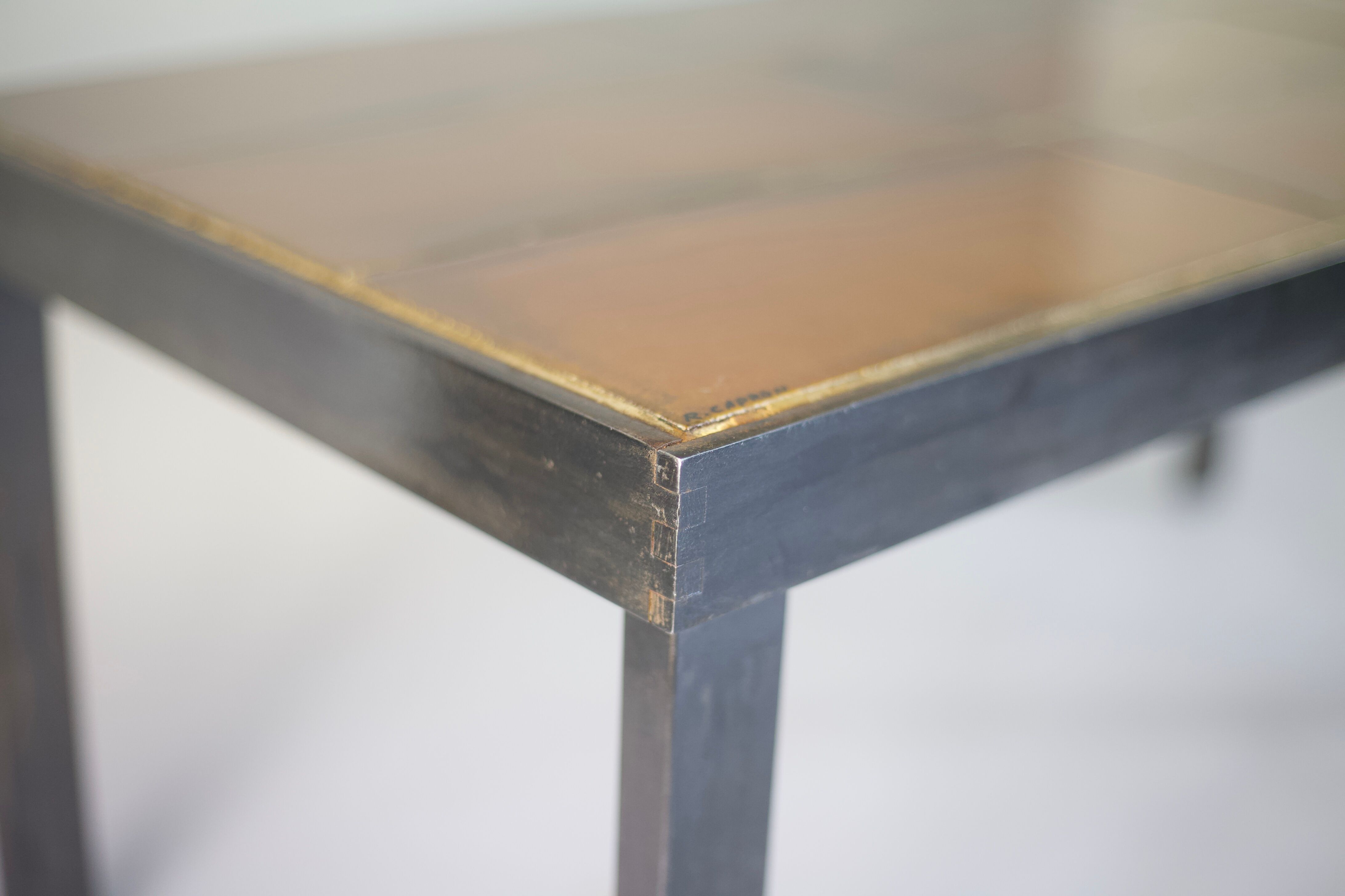 Coffee table signed Roger Capron, steel and ceramic, bird motif