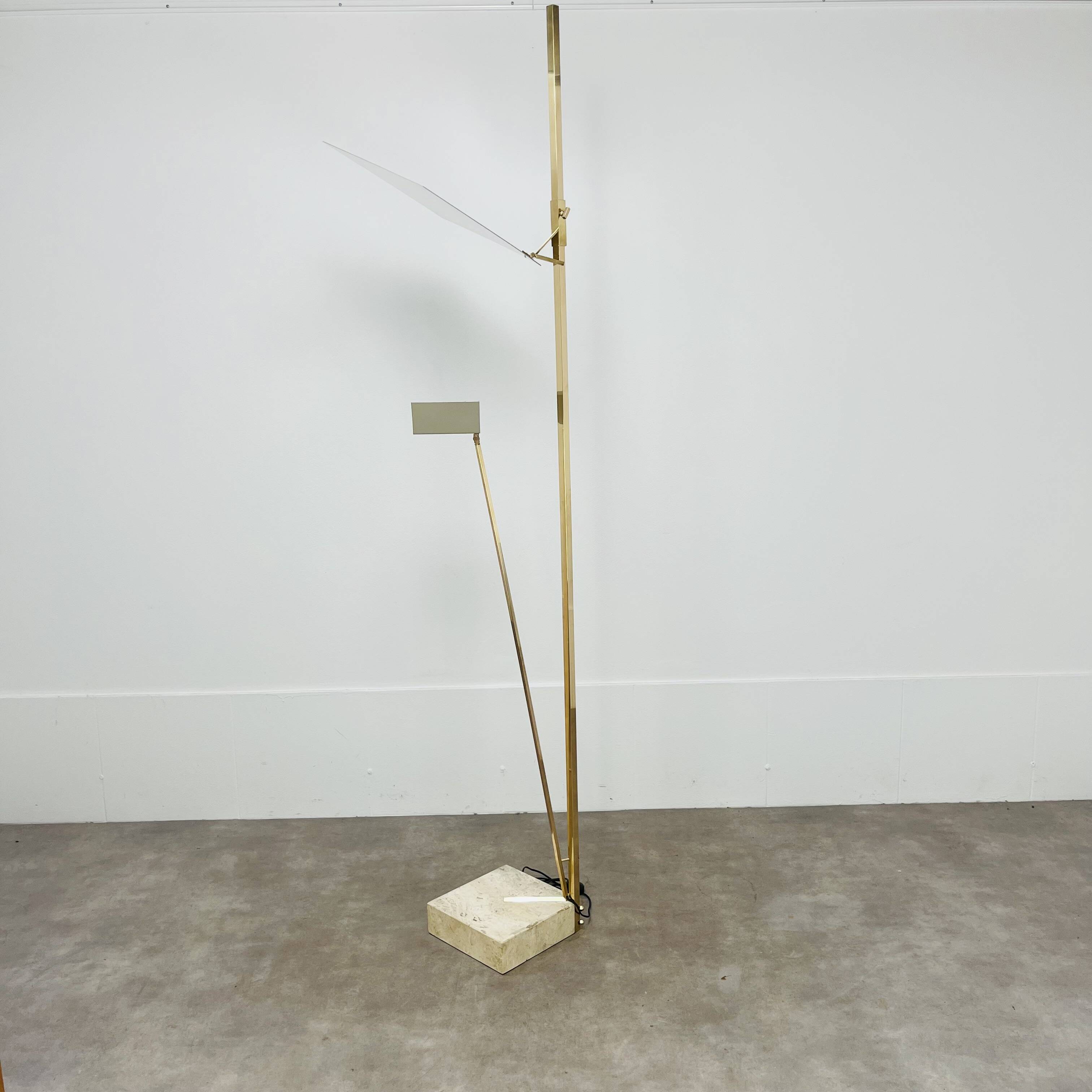 70s design floor lamp, brass and travertine, Hollywood Regency