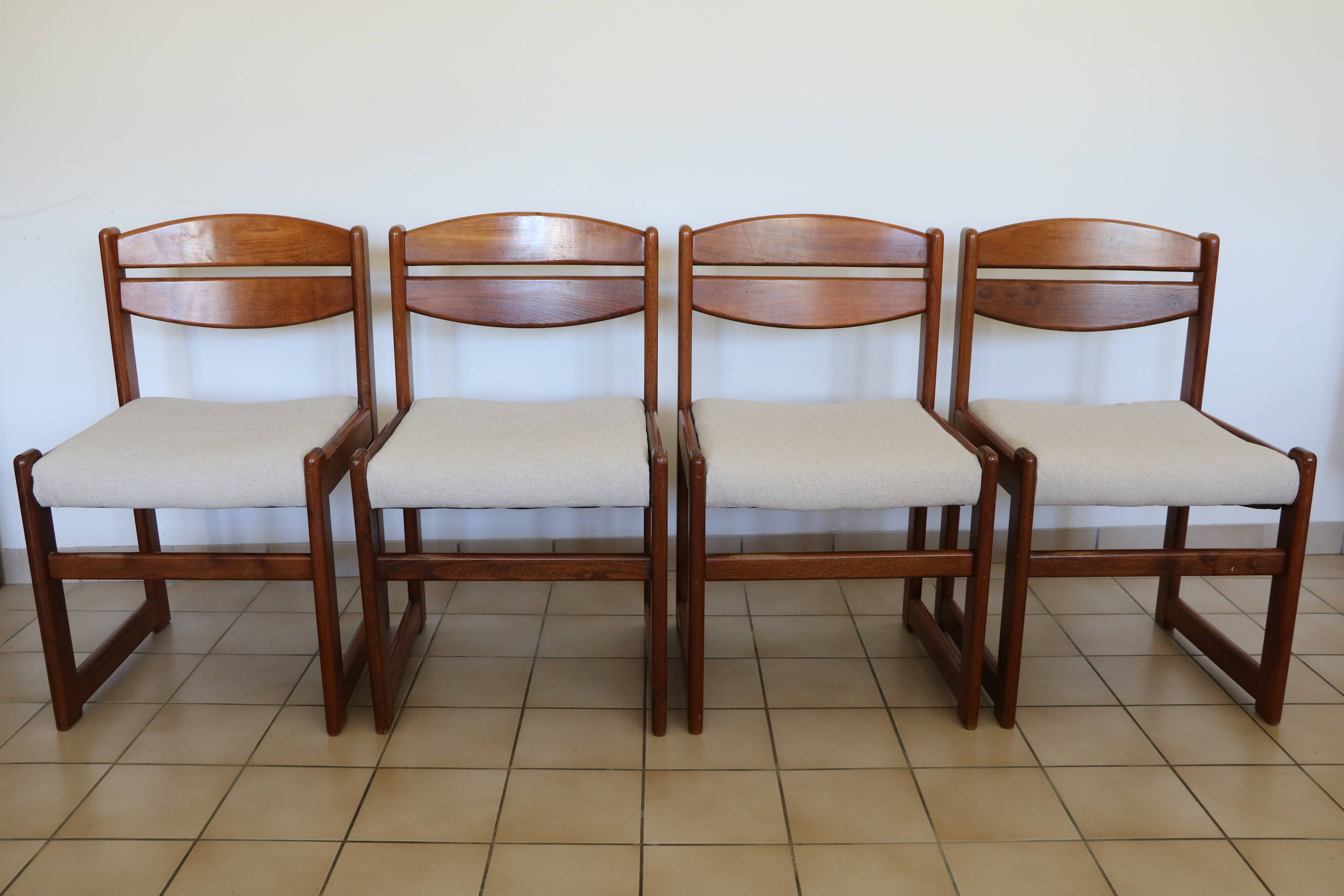 4 vintage brutalist chairs, reupholstered in cotton/linen.