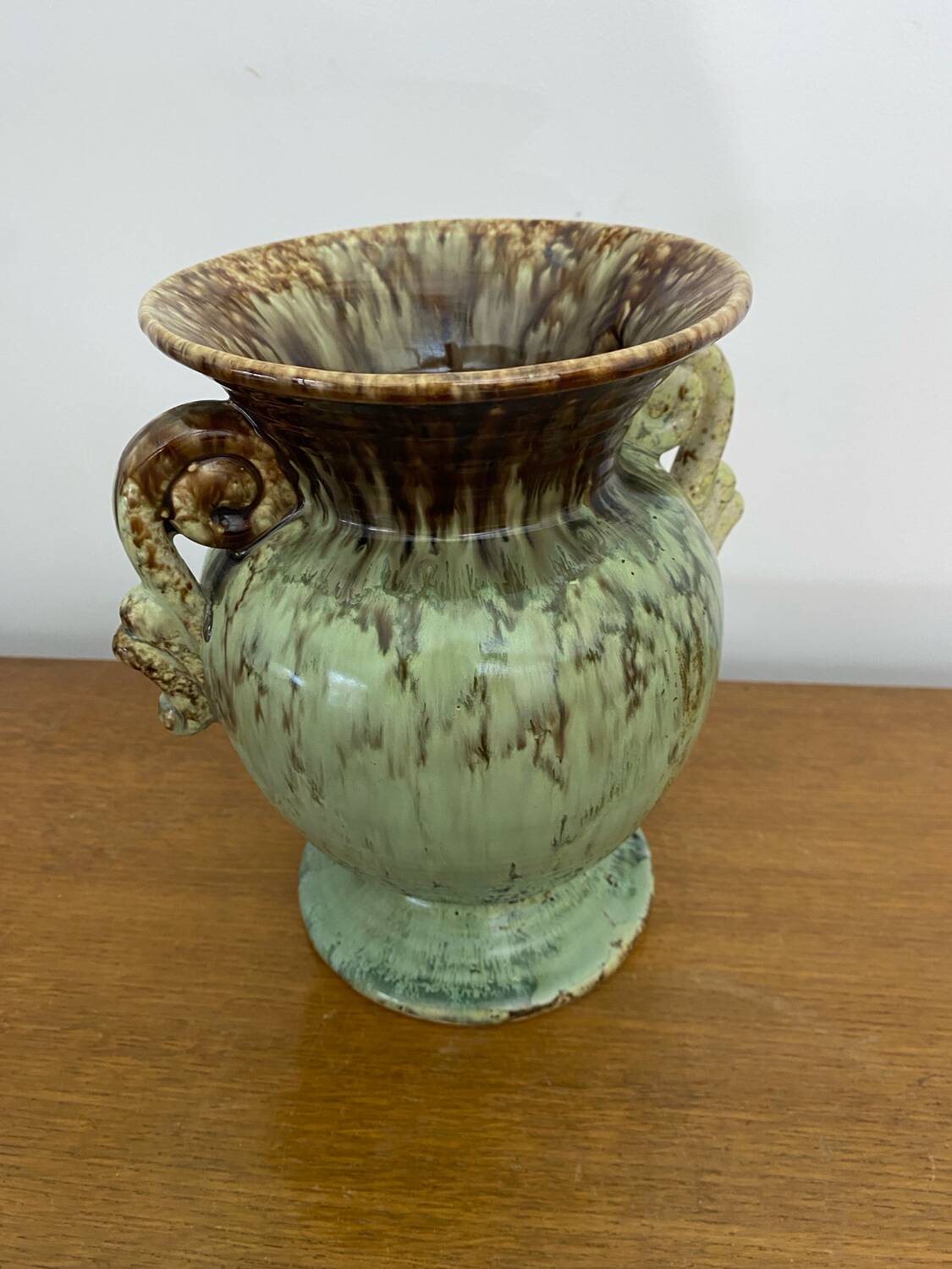 Antique Green Brown Ceramic Baluster Vase Vintage Decoration