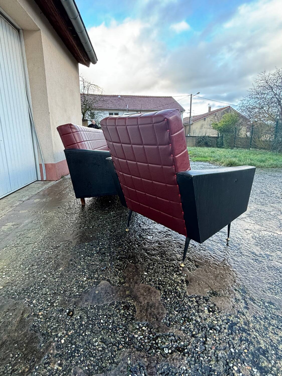 Vintage 70s red and black embossed sofa armchair set