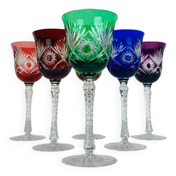 6 verres à pied cristal artisanal de Lorraine, multicolores