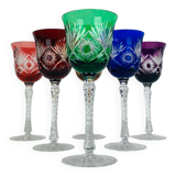 6 handmade crystal stemmed glasses from Lorraine, multi-colored