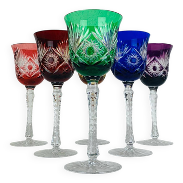 6 verres à pied cristal artisanal de Lorraine, multicolores
