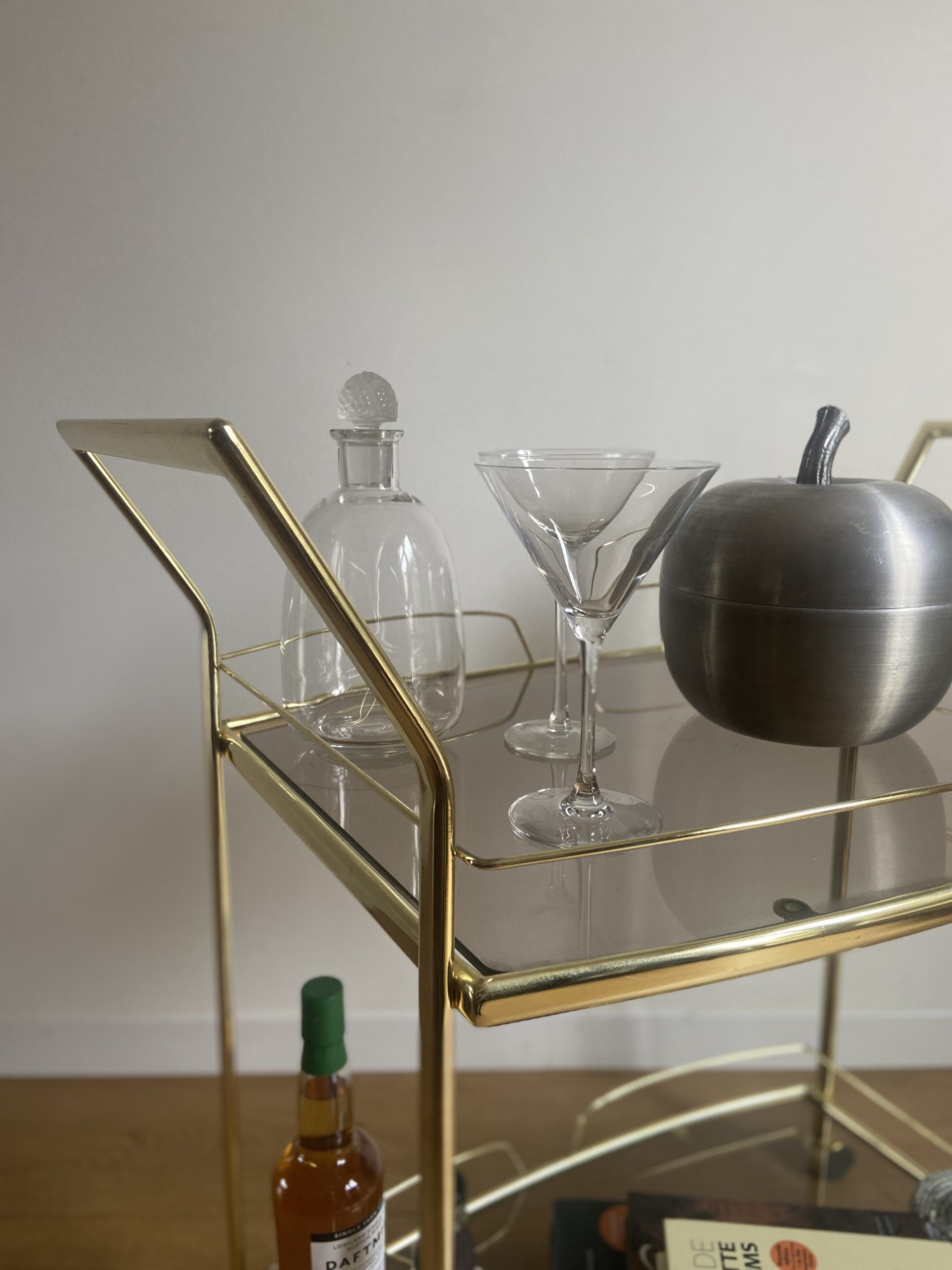 Vintage rolling service in gilded metal and smoked glass