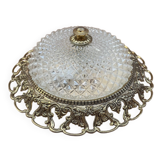 Vintage old ceiling light in cheseled glass and brass 2 lights with sheet back
