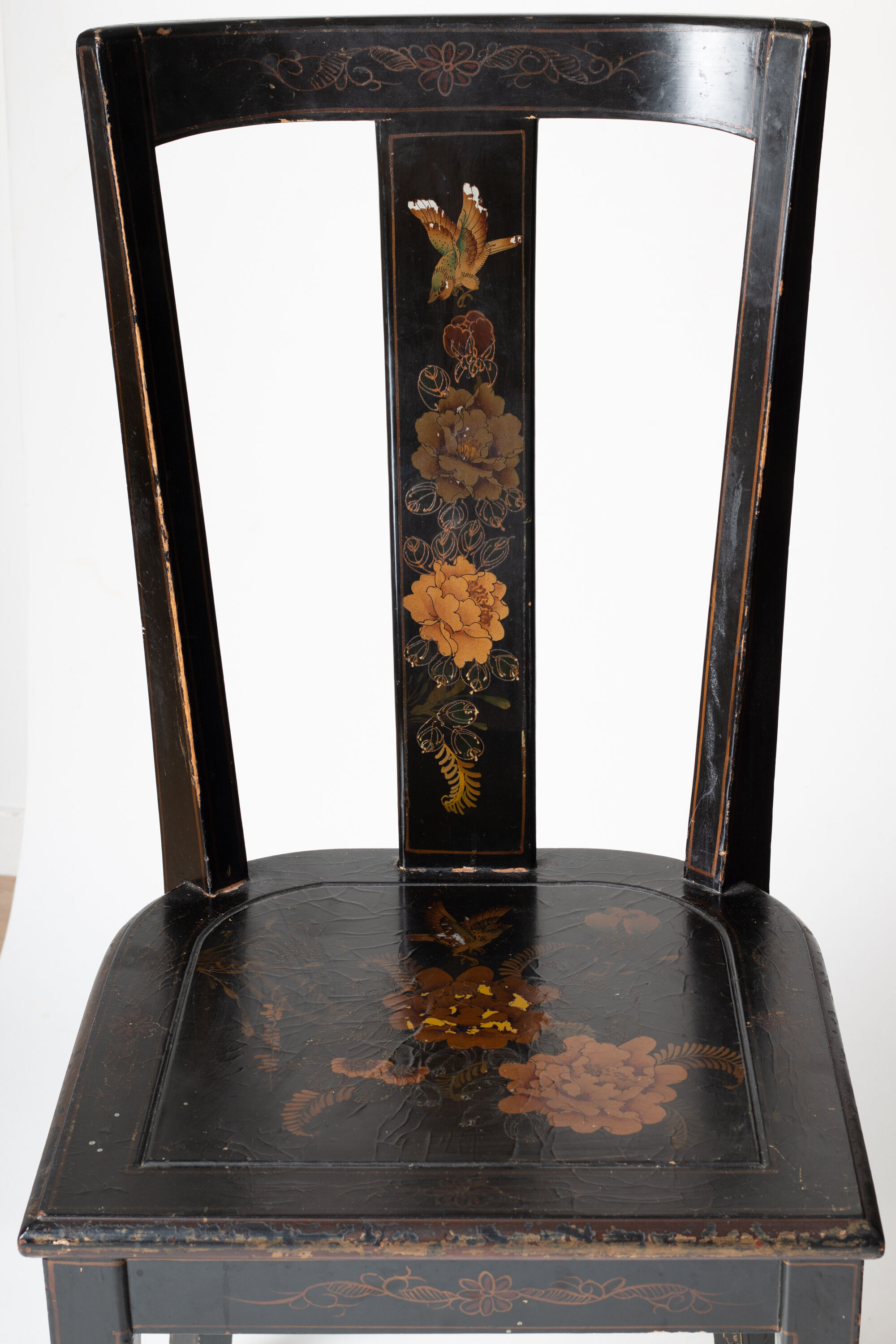 Black lacquered chair decorated with traditional chinese motifs - sign a. monard 1907