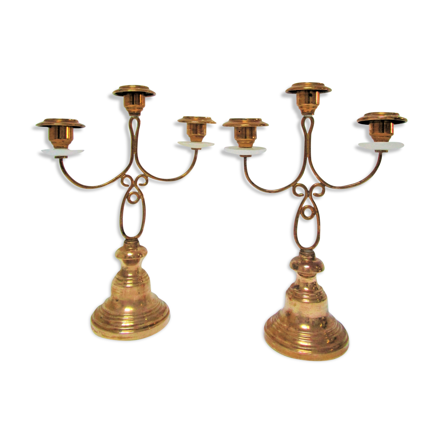 Pair of brass and three-pointed stone candelabra candle holders early twentieth century
