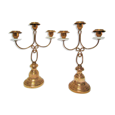Paire de bougeoirs candélabres laiton et pierre à trois branches début XXème