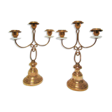 Pair of brass and three-pointed stone candelabra candle holders early twentieth century