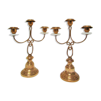 Pair of brass and three-pointed stone candelabra candle holders early twentieth century