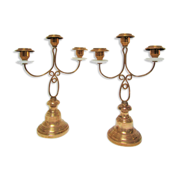 Paire de bougeoirs candélabres laiton et pierre à trois branches début XXème