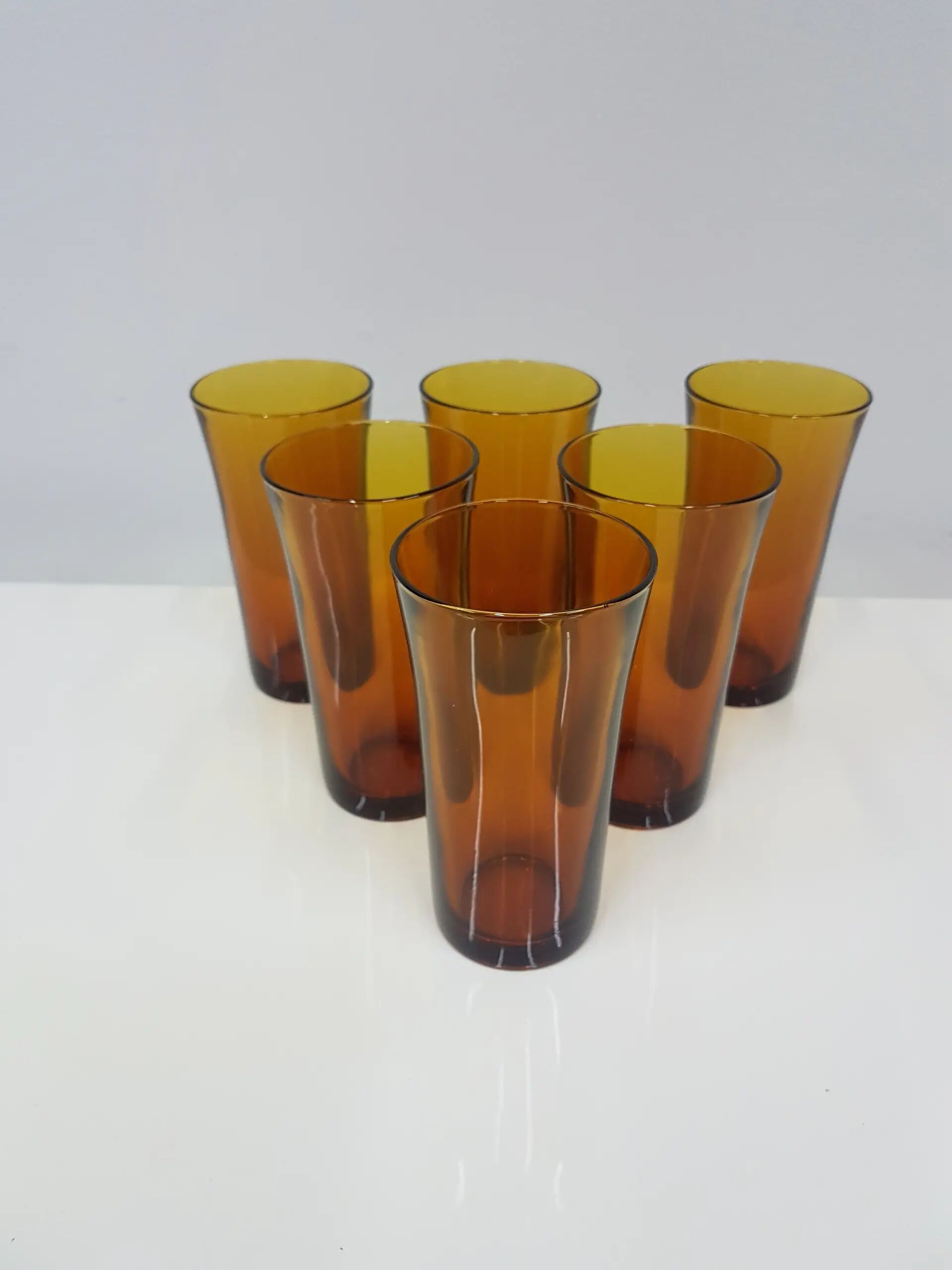 Set of six amber glass tumblers, Duralex, France, 1980s.