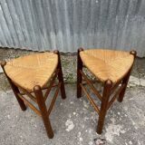 Pair tripod stool vintage design wood and straw