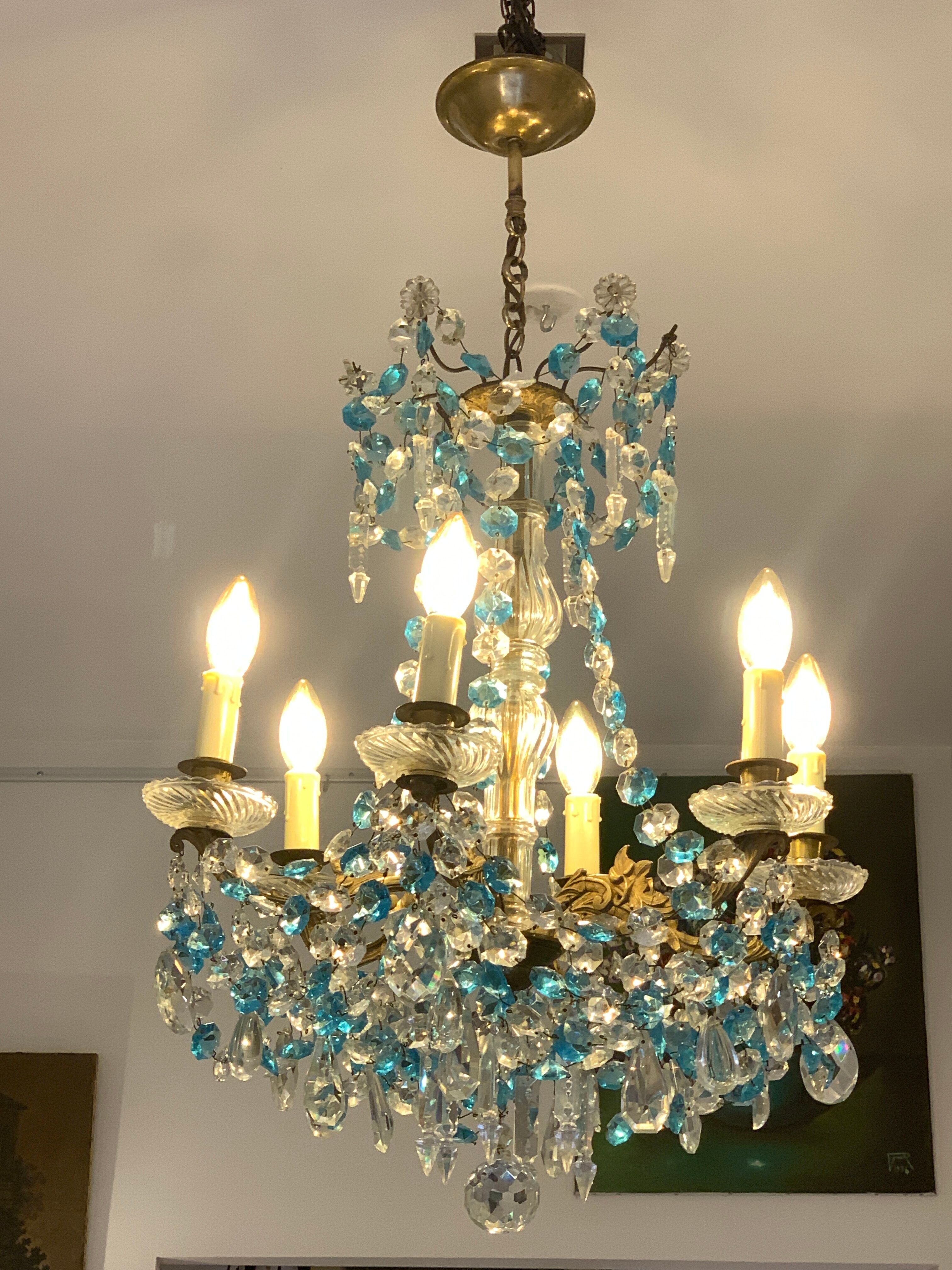 Chandelier with blue crystal pimples, 6 lights, Baccarat, 1950, art nouveau style