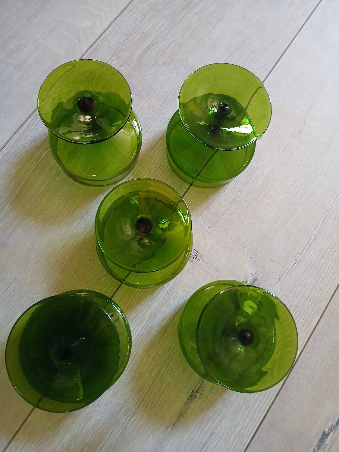 5 antique green champagne coupes