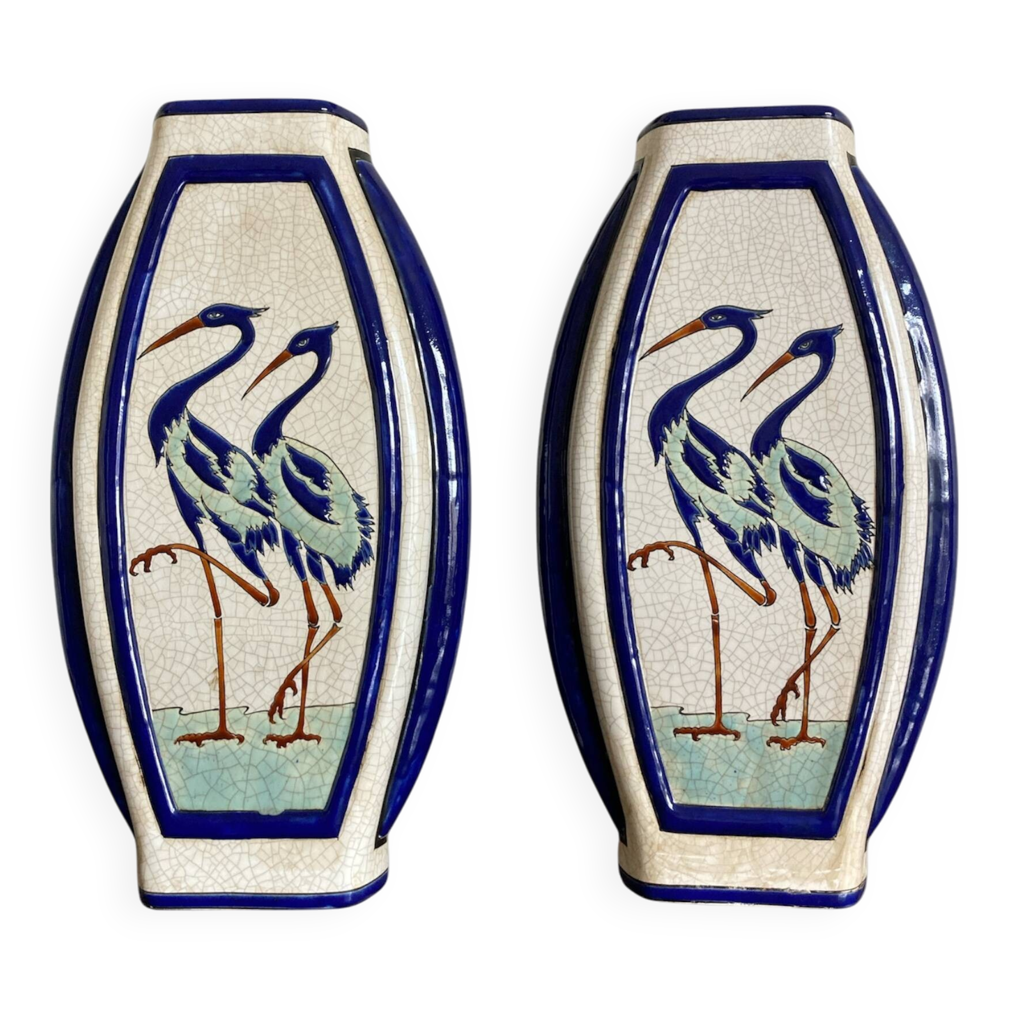 Pair of flat ceramic vases, KERALOUVE LA LOUVIERE