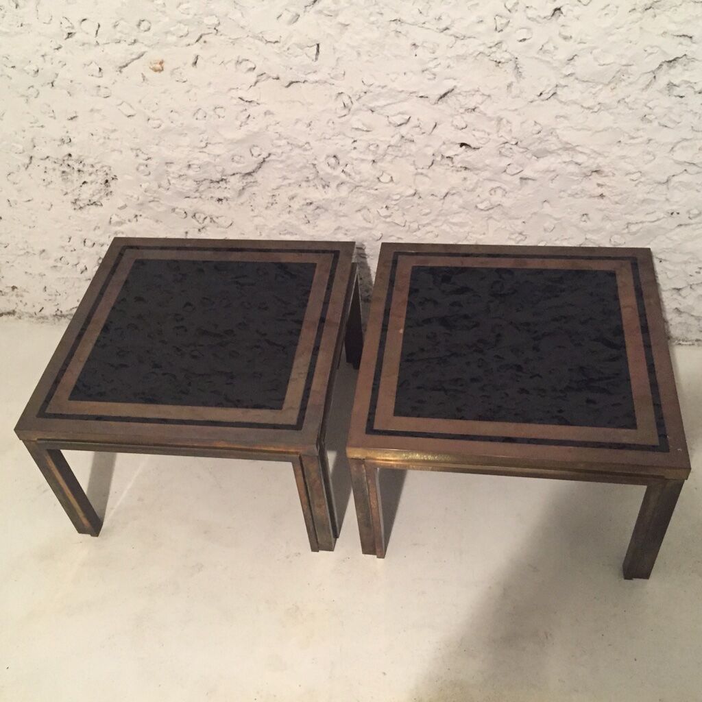 Pair of brass coffee tables and black mirror from the 70s