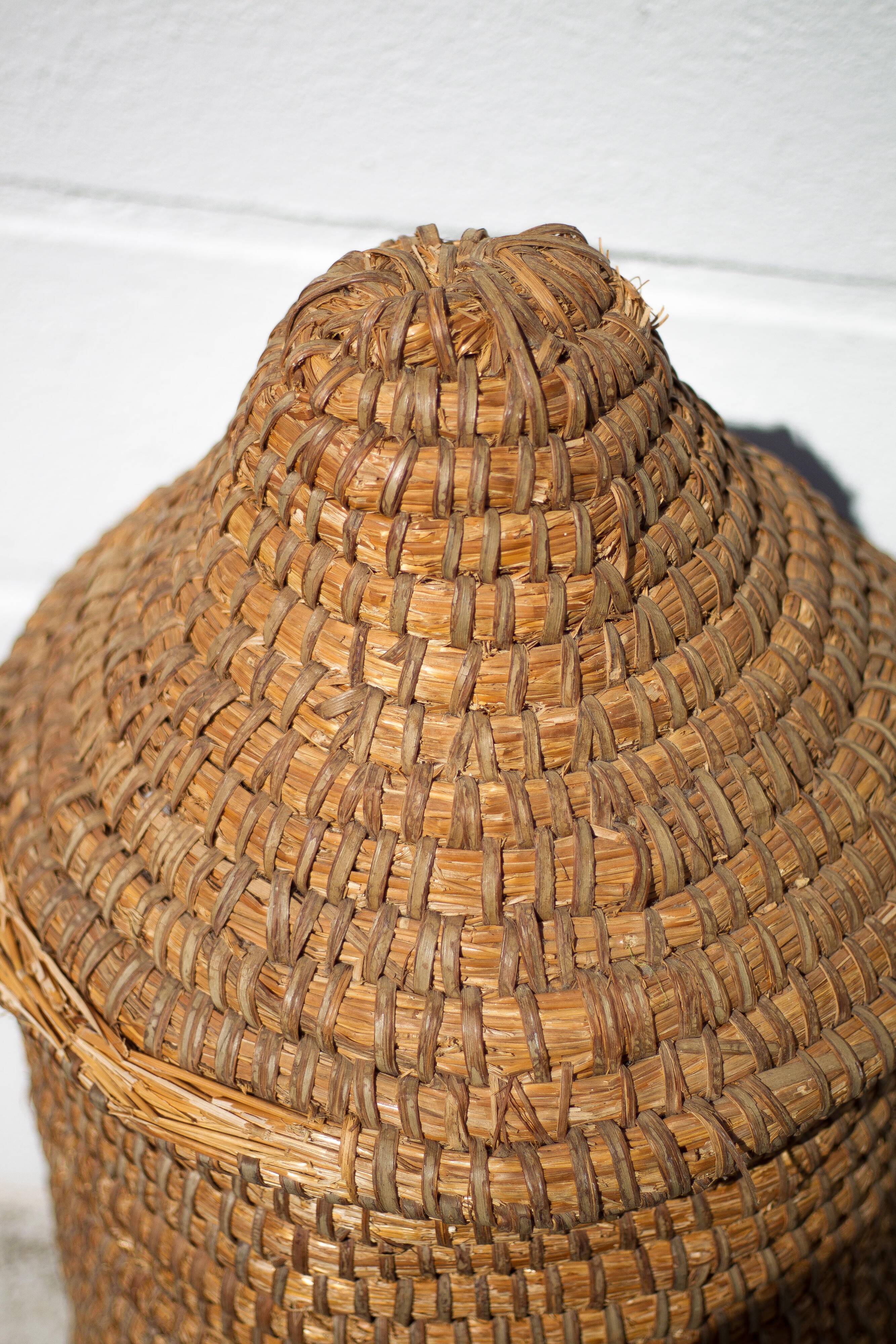 Old basket, burgundy straw and bramble, woven basket with lid, pantry