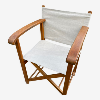 Garden armchair in wood and vintage folding linen canvas