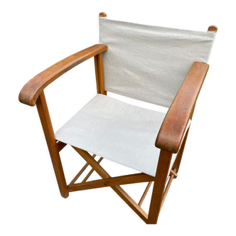 Fauteuil de jardin en bois et toile de lin  pliant vintage