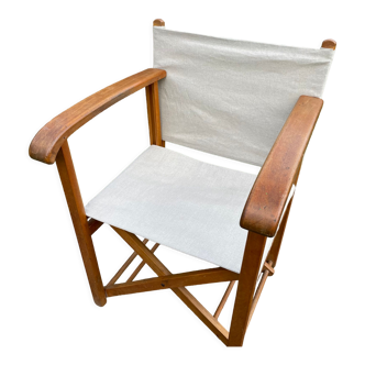 Garden armchair in wood and vintage folding linen canvas