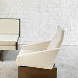 French Modernist Living Room Sofa Set In White Leather, 1950's