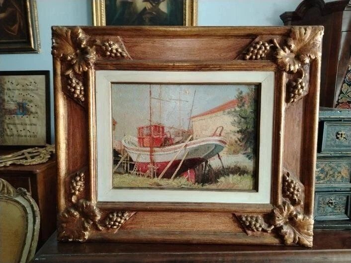 Marine Painting in Oil on Masonite, First Half of the 20th Century, Signed, Gilded Wooden Frame