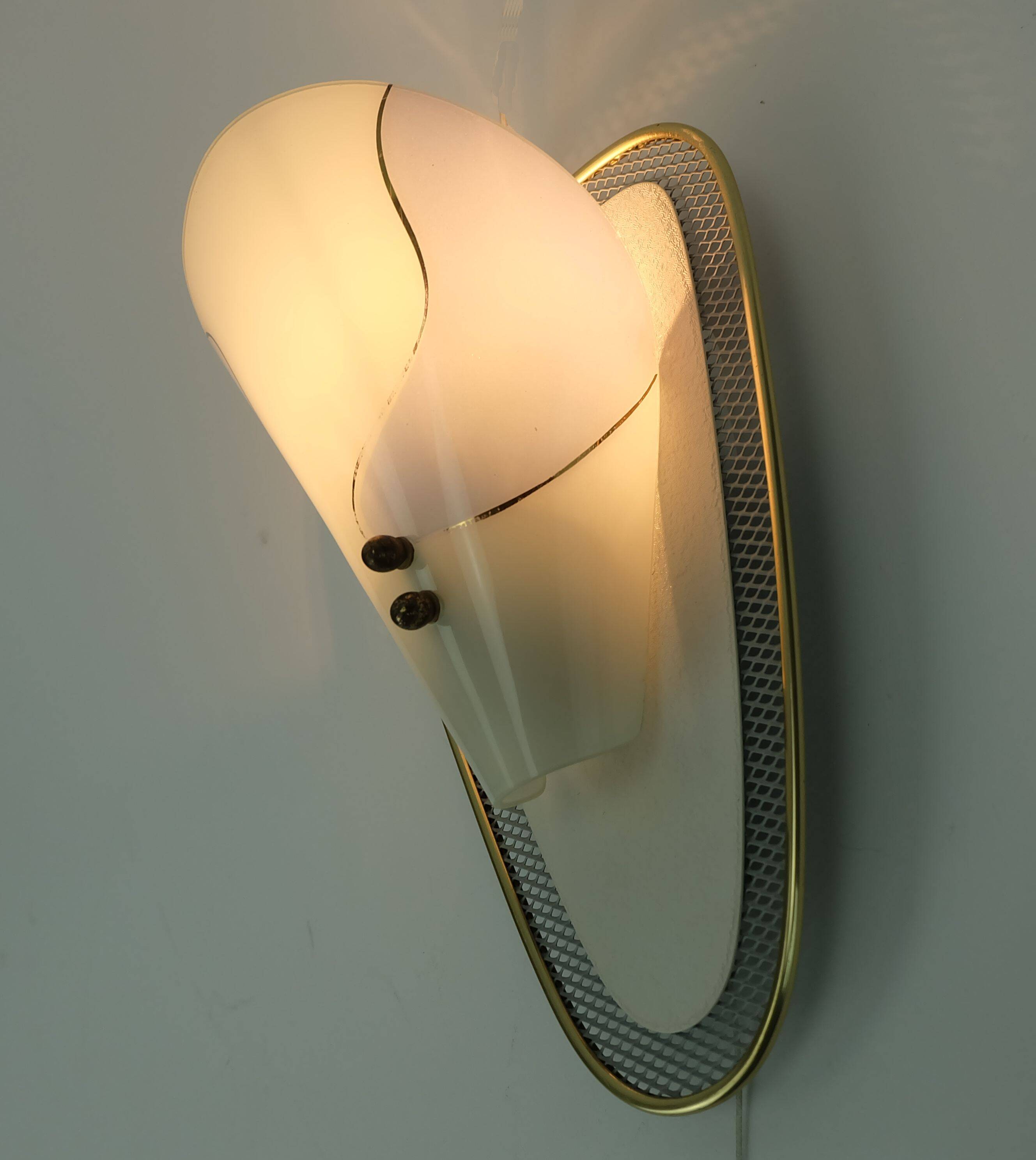 1950s sconce metal mesh and brass with glass shade