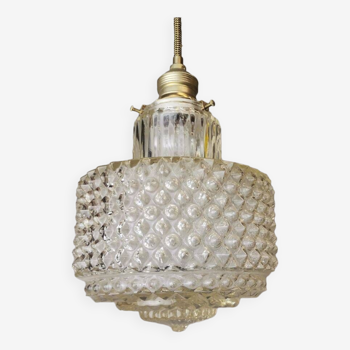 Petite lampe suspendue portugaise du milieu du siècle en verre hobnail clair 1960