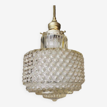 Small Portuguese Mid Century clear hobnail glass hanging lamp 1960s