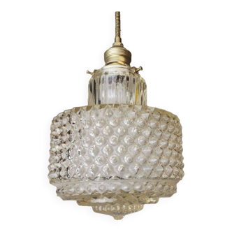 Small Portuguese Mid Century clear hobnail glass hanging lamp 1960s