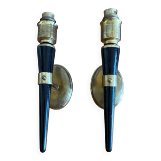 Pair of wall sconces, torch style in brass and painted wood, AR