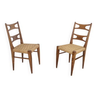 Pair of Vintage Solid Durmast and Rattan Chairs, Italy
