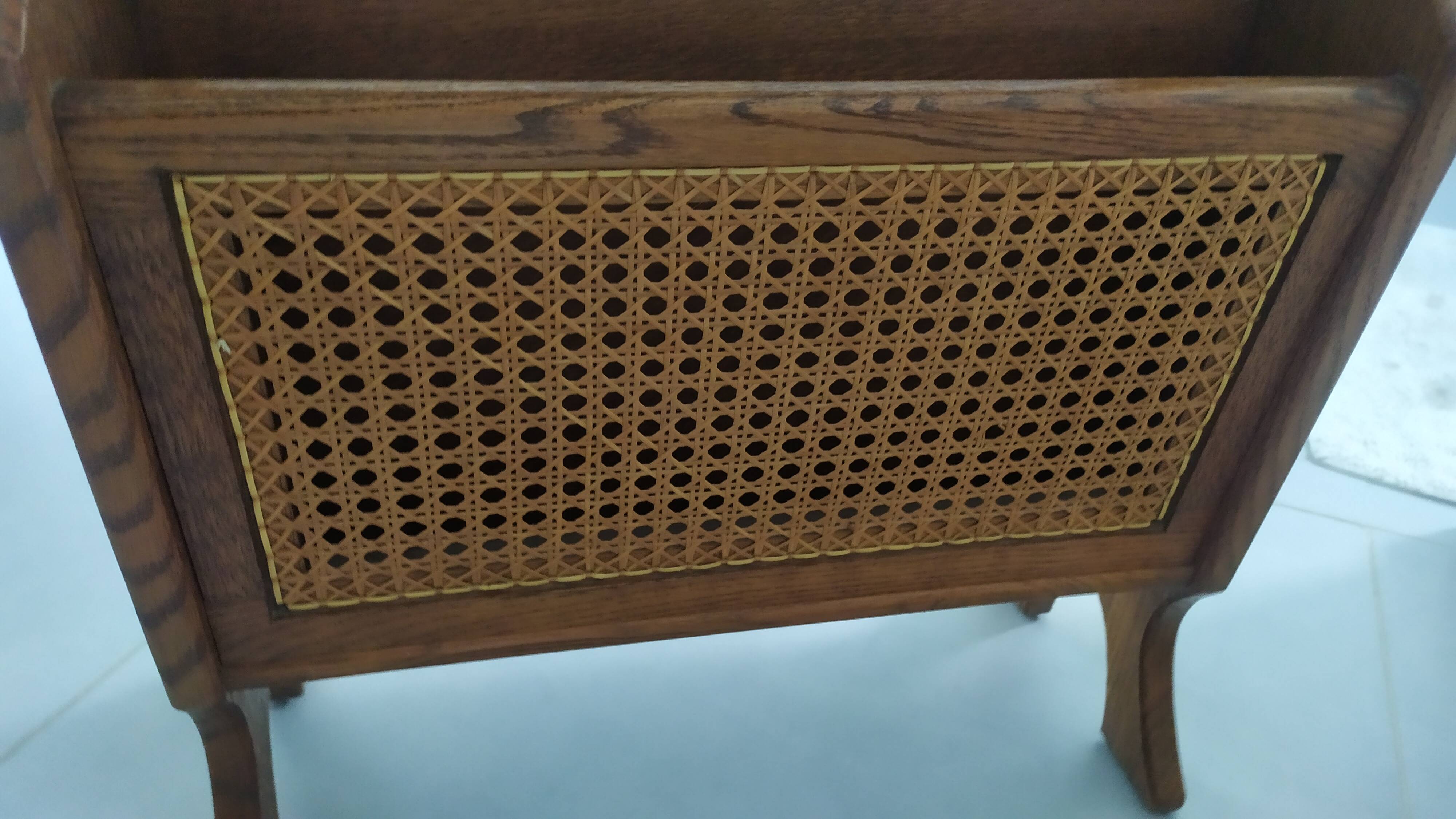 Side table, wooden magazine rack with caning.