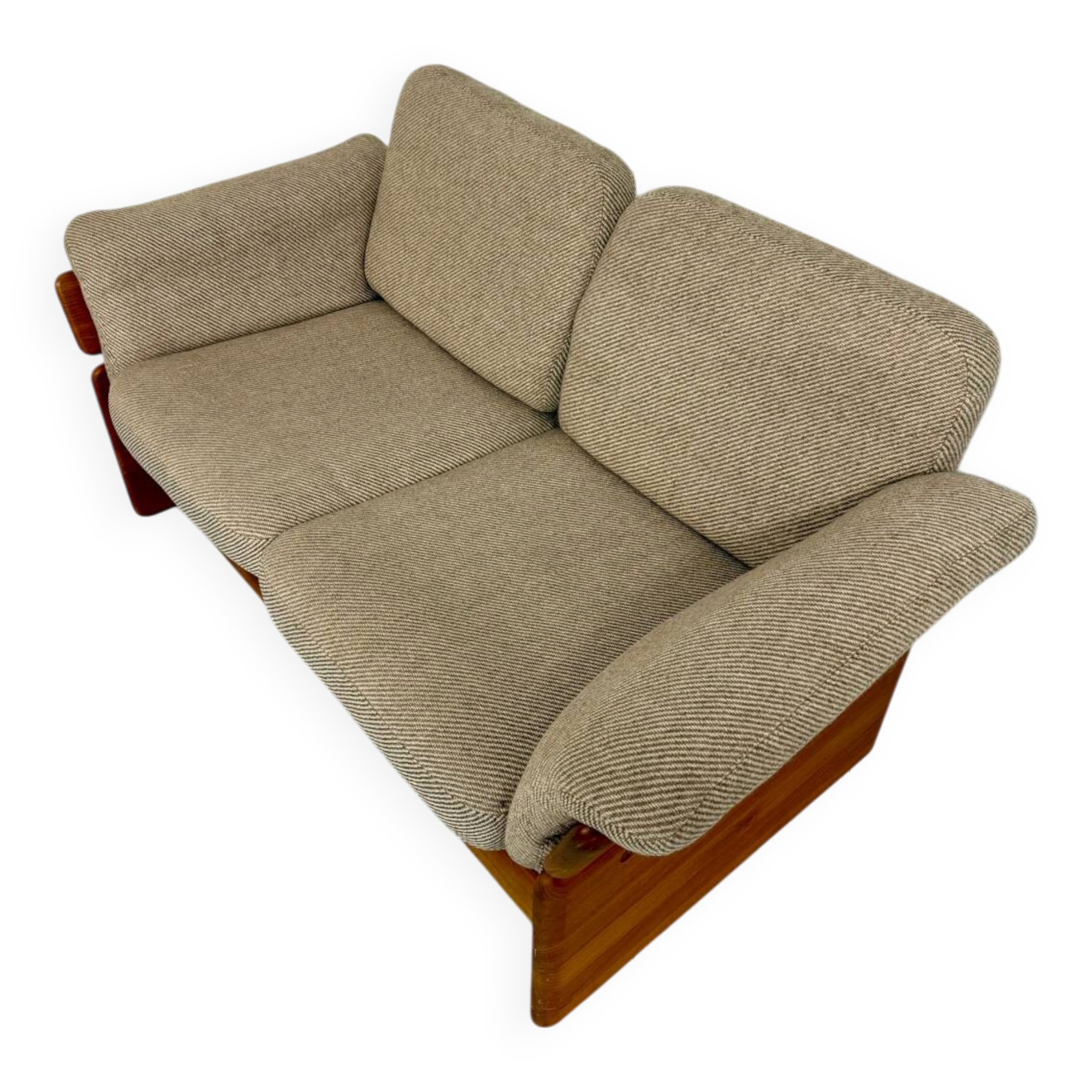 Old sofa in solid elm and vintage 80s design fabric Seltz France