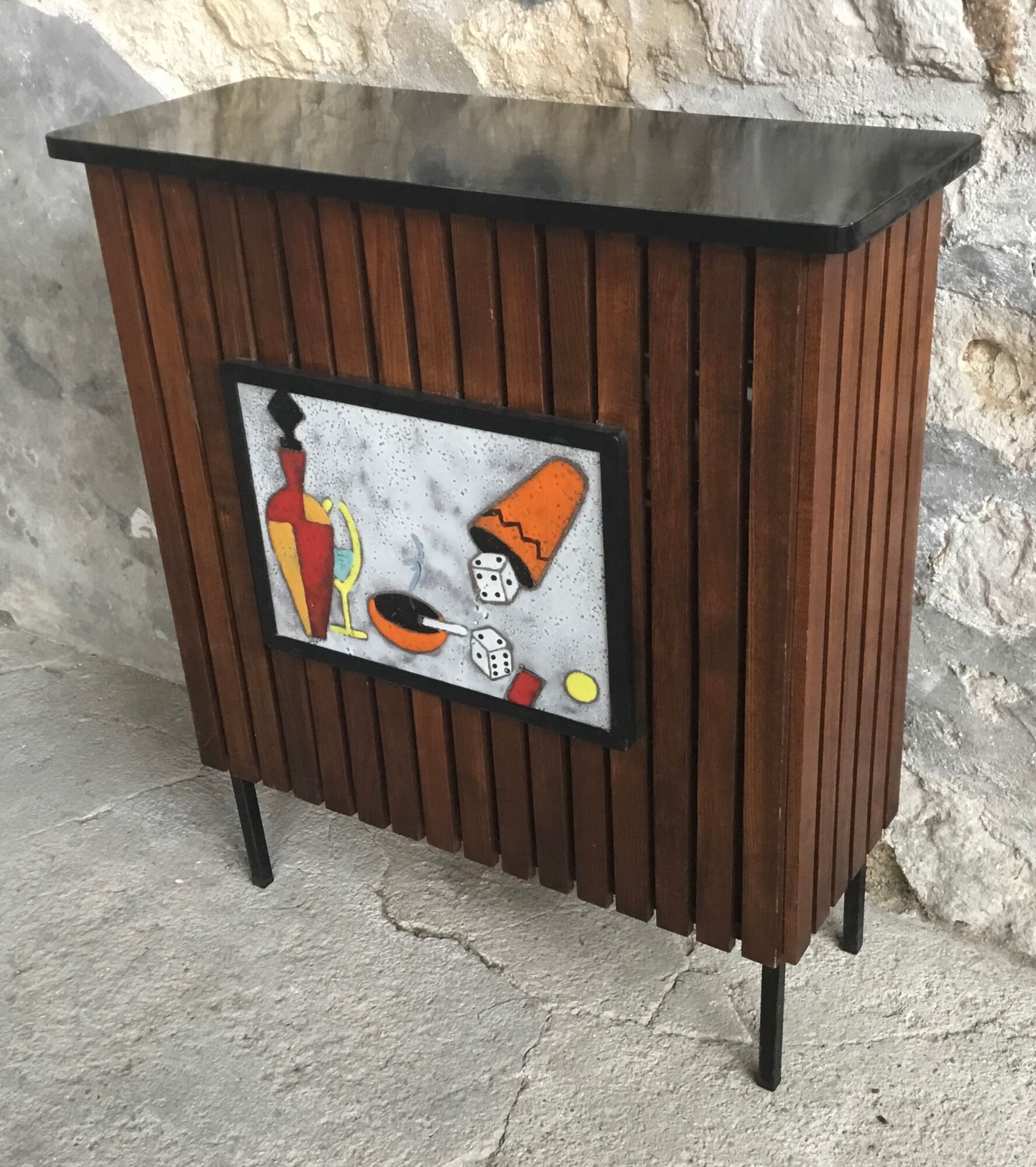Furniture bar with vintage cocktails, teak blades and earthenware -1960s