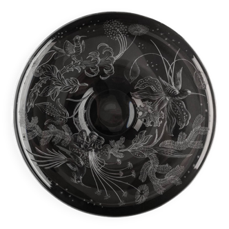 Vintage Glass Centrepiece Dish With Engraved Birds of Paradise
