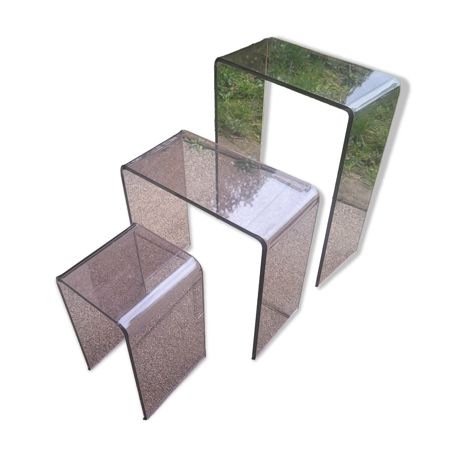 3 side tables, occasional table in smoked plexiglass, 1960s-70s.