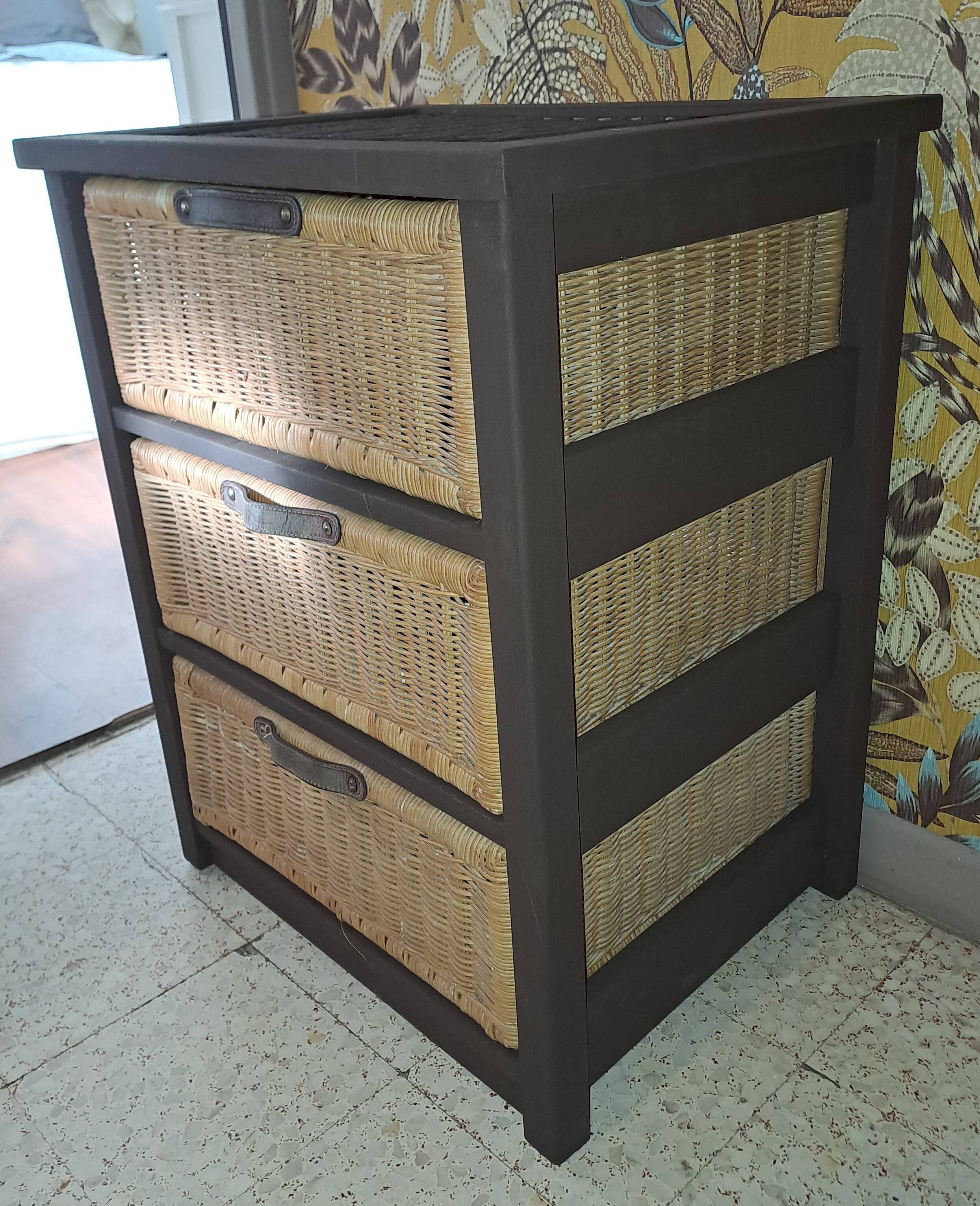 Wooden and wicker storage unit France 1980 / in dark brown repainted wood and 3 wicker drawers