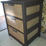 Wooden and wicker storage unit France 1980 / in dark brown repainted wood and 3 wicker drawers