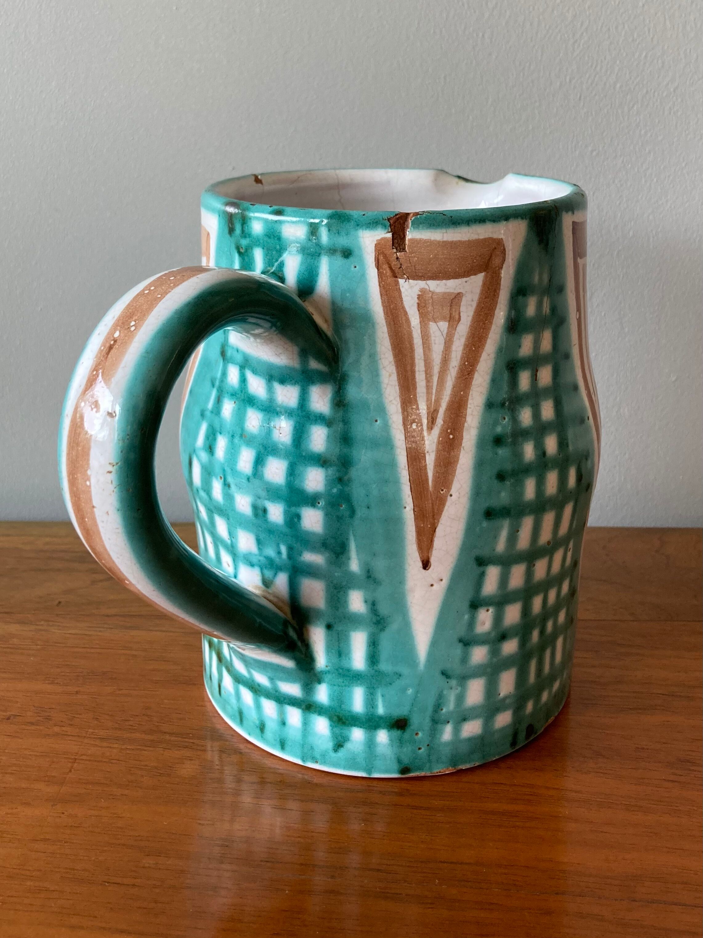 Robert Picault enamelled earthenware pitcher in Vallauris