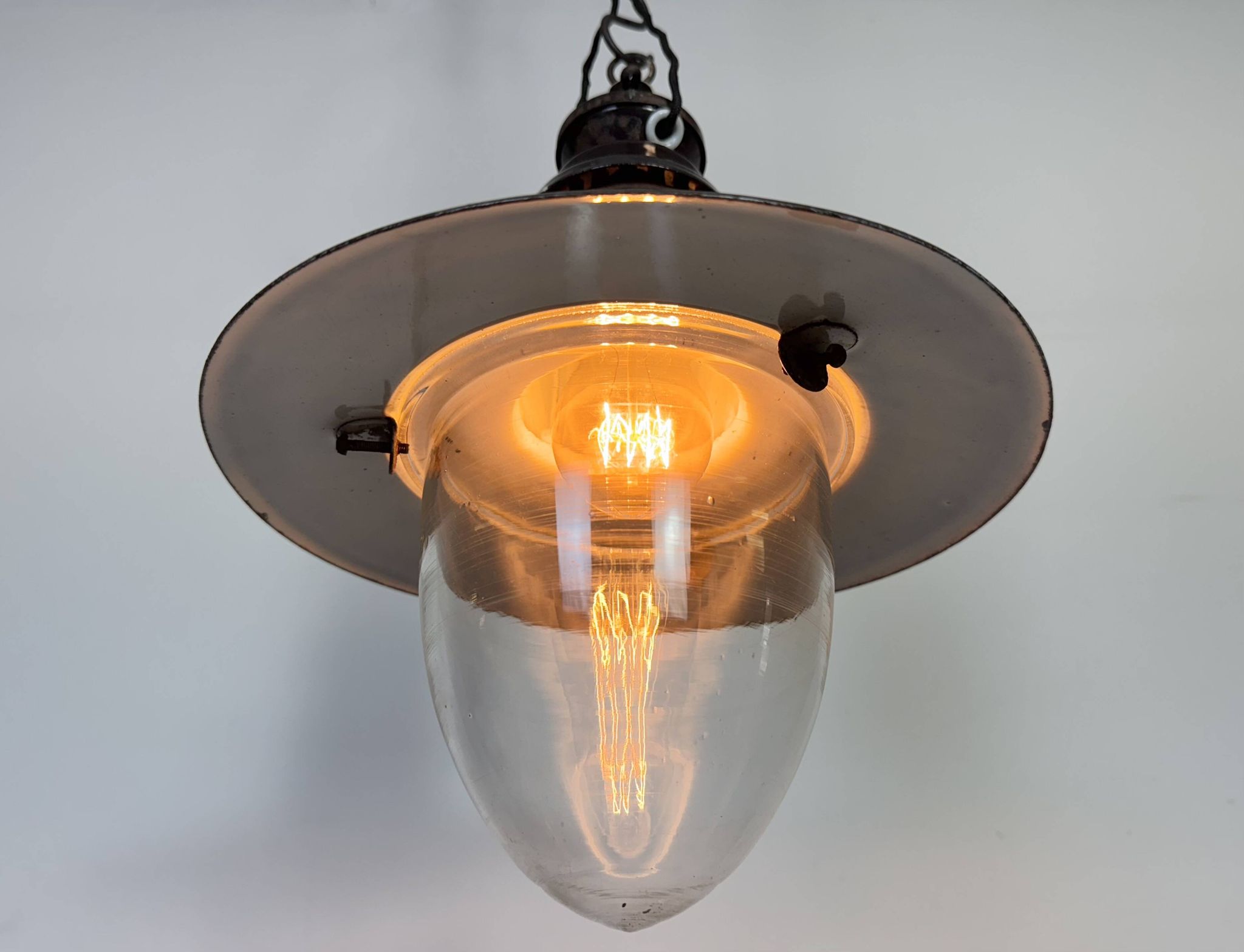 Industrial German Black Enamel Pendant Lamp with Glass Cover, 1930s