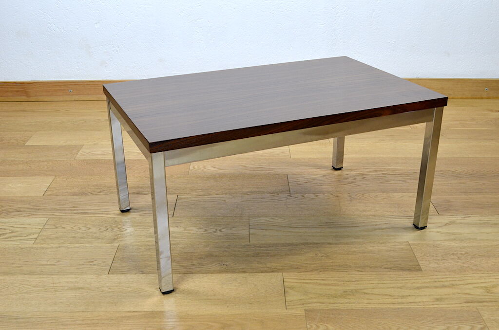 Table basse vintage bois & chrome 1970