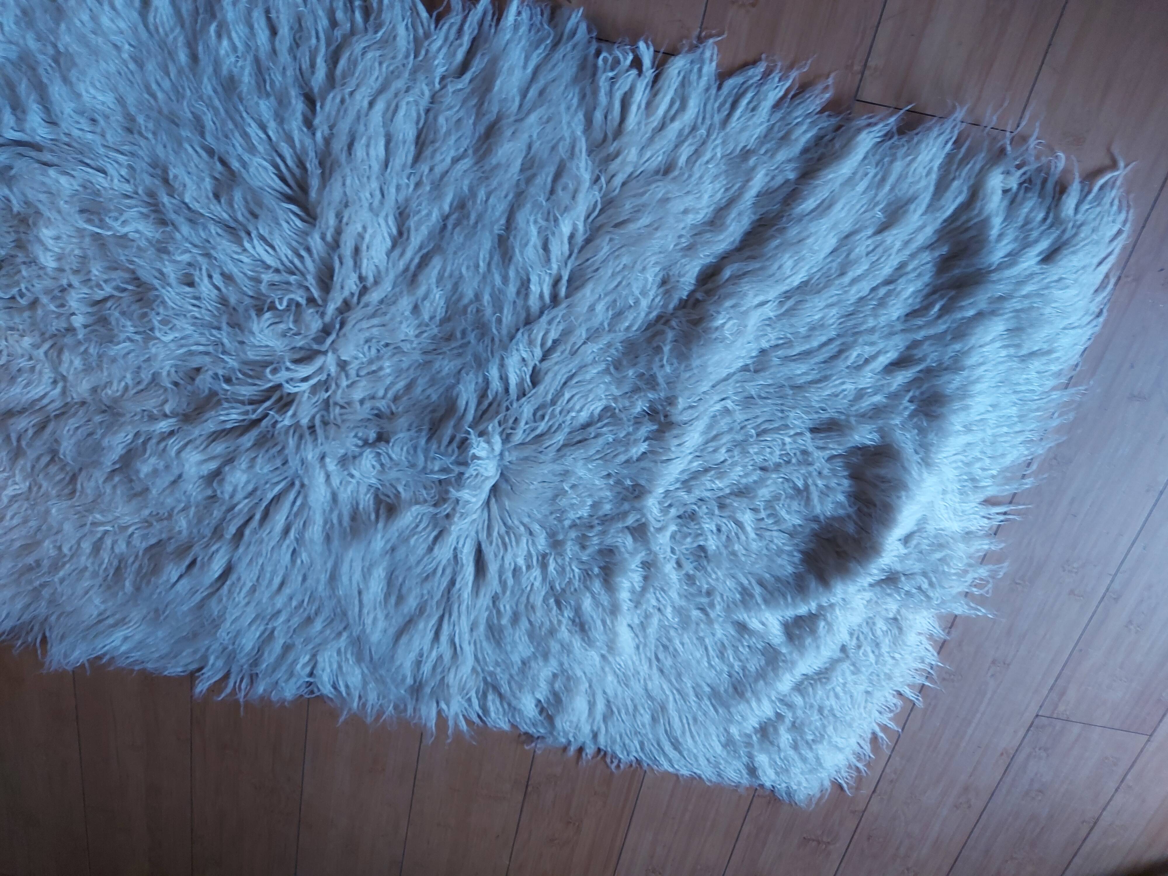 White pure wool long pile rug, vintage