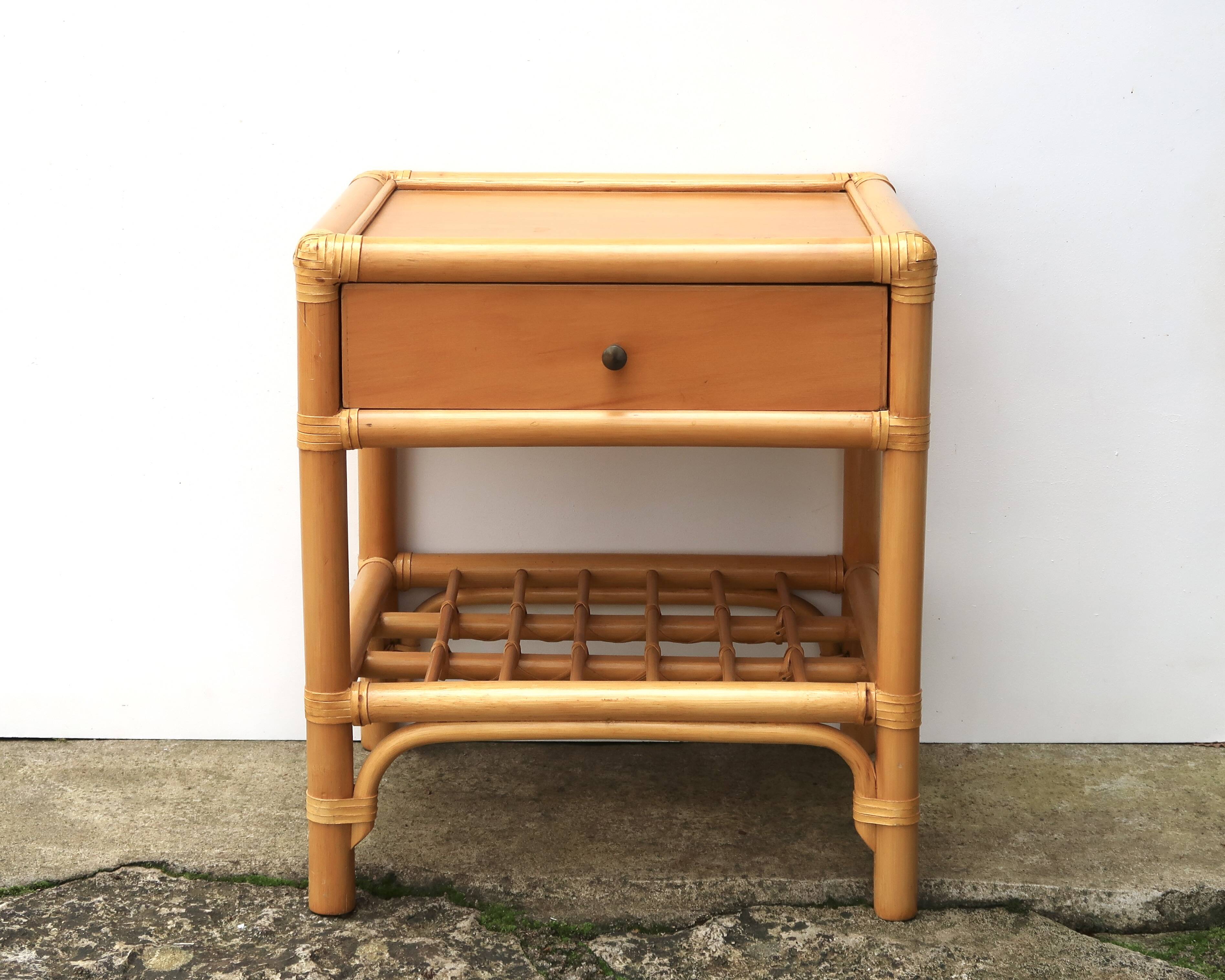 Bedside or side table in wood, bamboo and rattan, 1970s