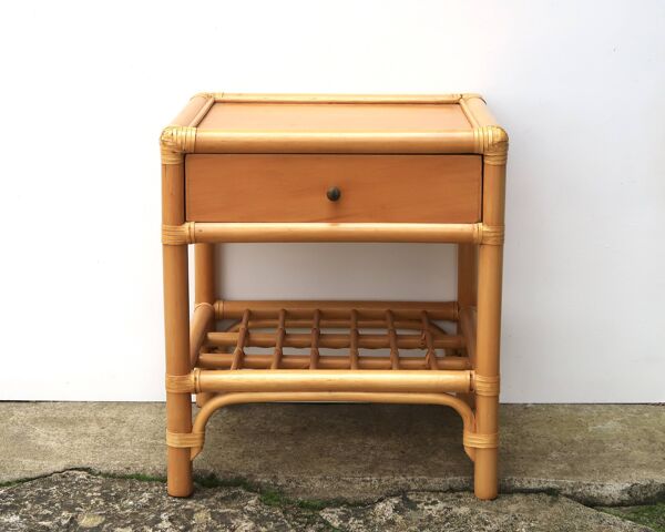 Table de chevet ou appoint en bois bambou et rotin, années 70