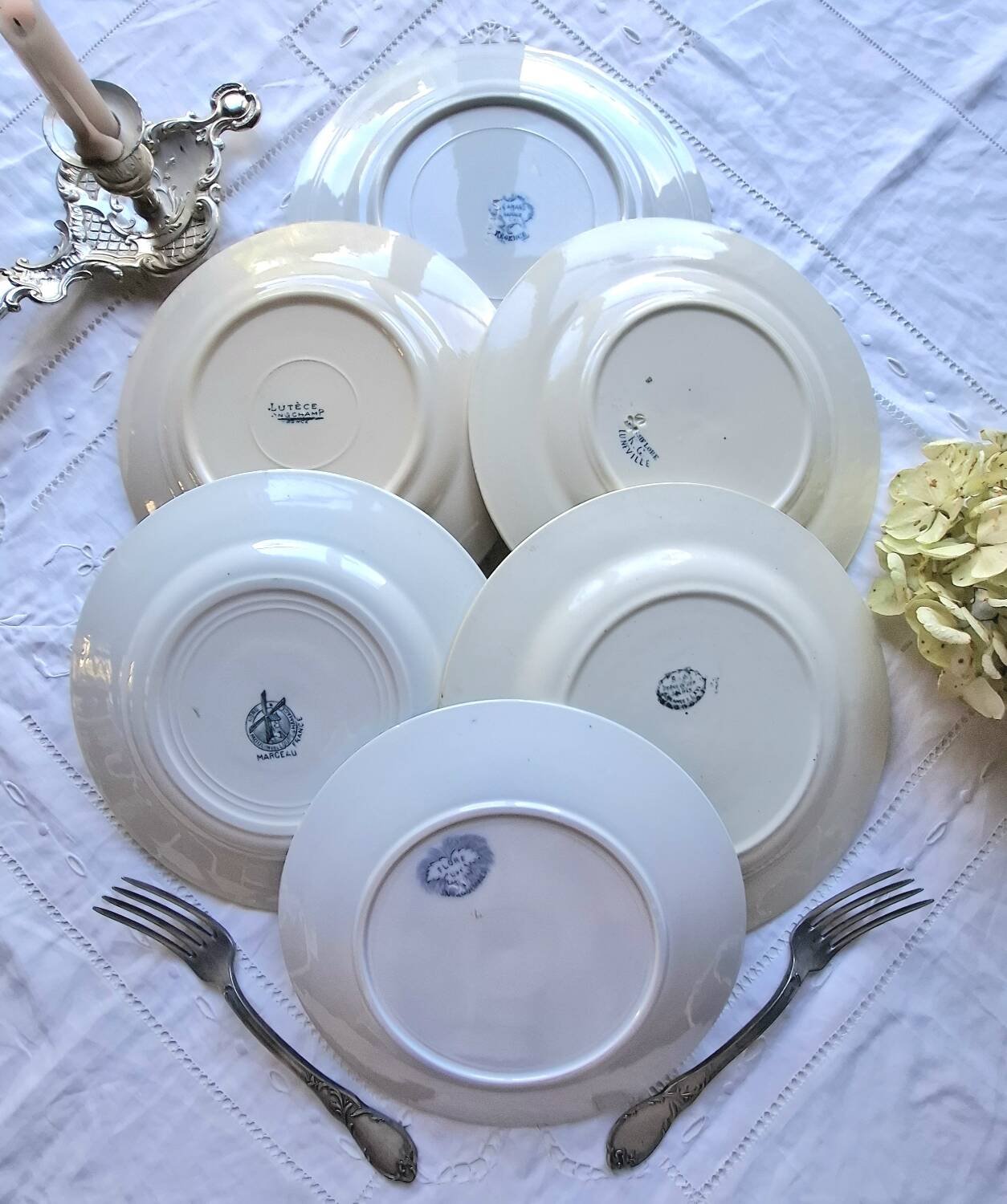 Mismatched old flat plates in iron earthenware