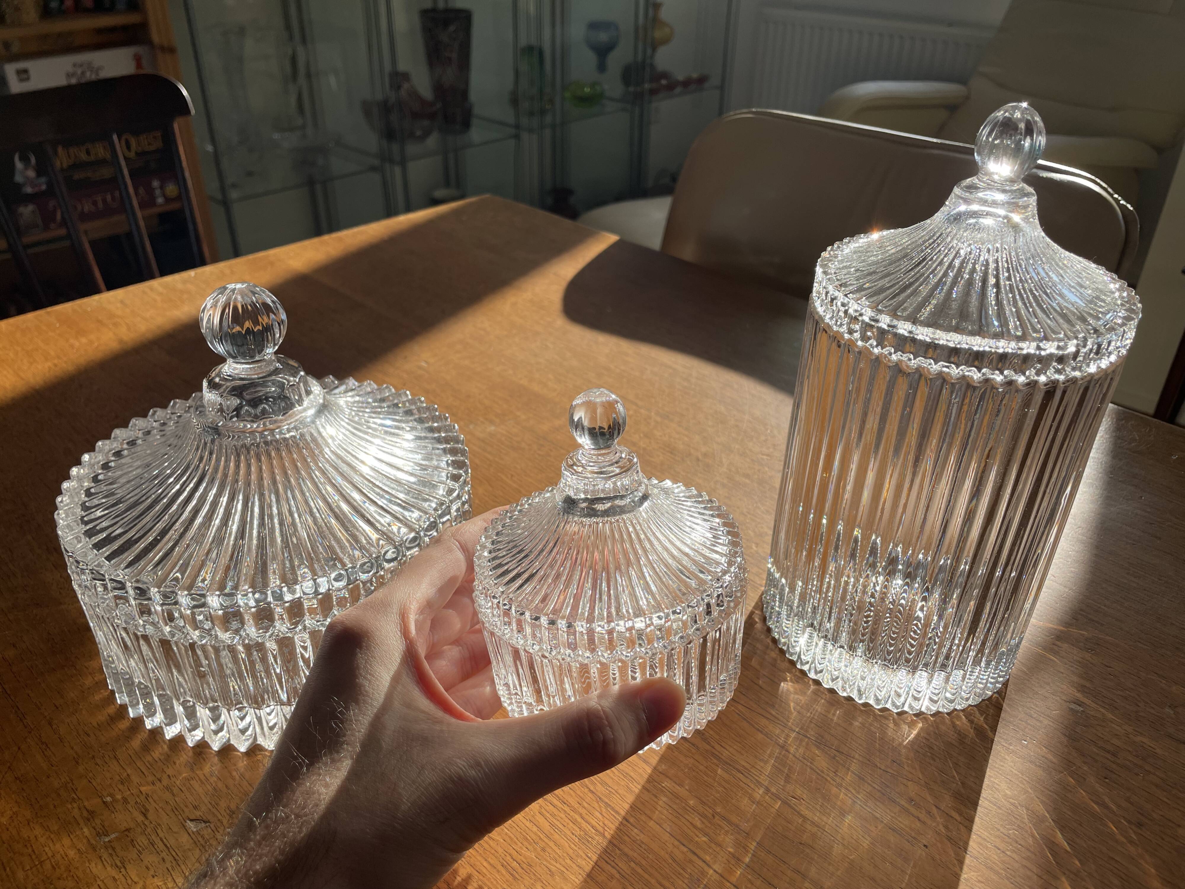 Set of 3 striped glass candy jars with lid or pharmacy jars.